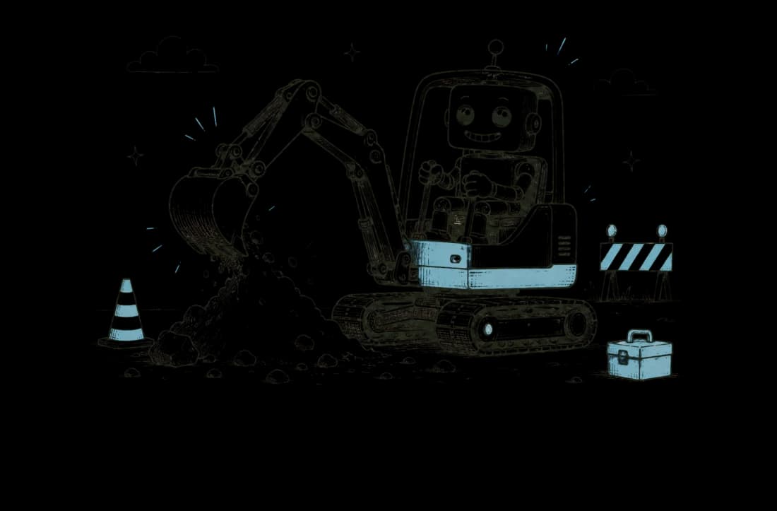 Ink sketch of a smiling robot operating a mini excavator on a job site, cones and toolbox nearby
