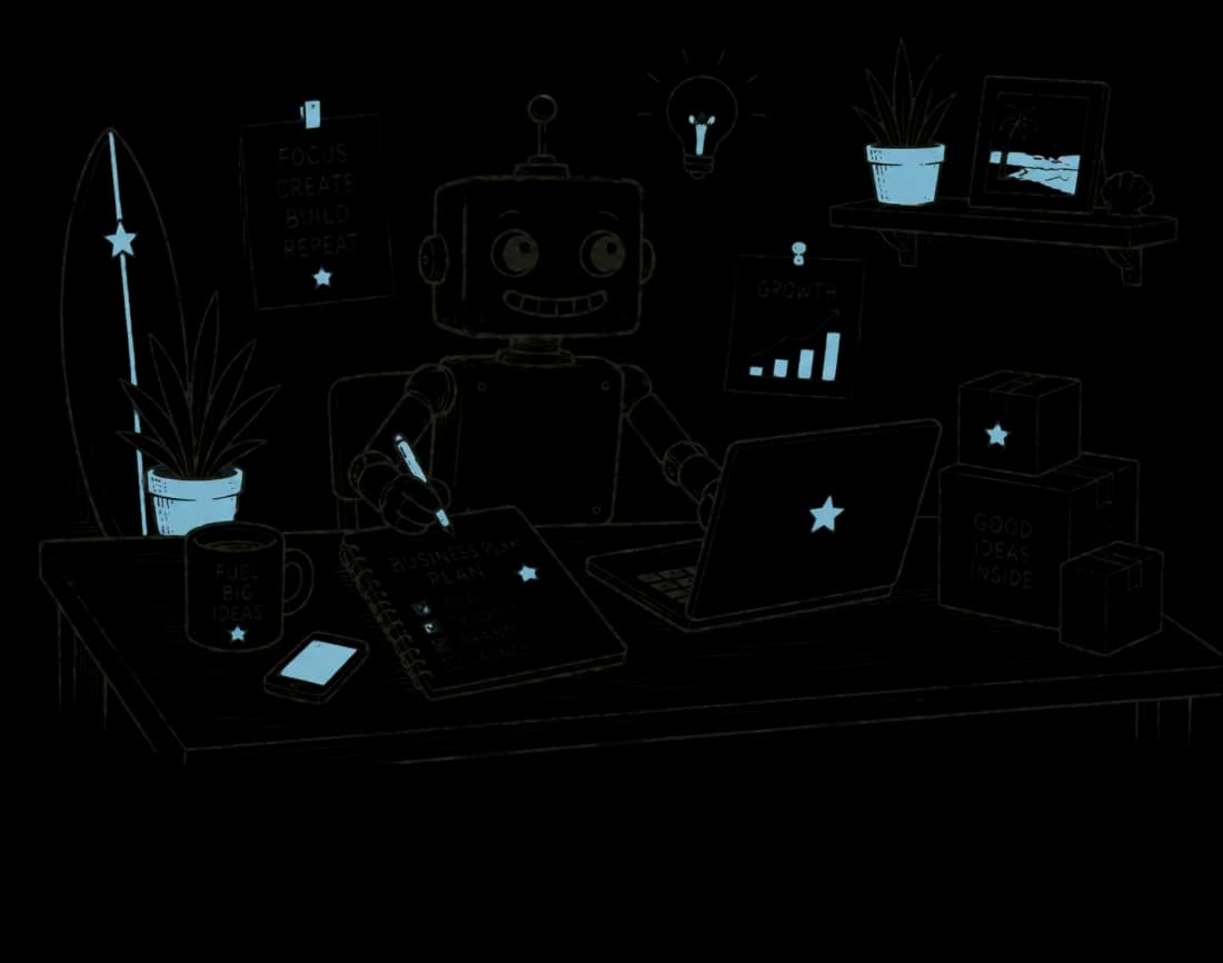 Ink sketch of a robot at a desk checking off a business plan, laptop open, ideas pinned around