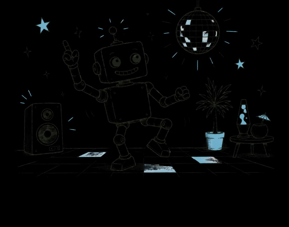 Ink sketch of a robot dancing under a disco ball, lava lamp and tiki drink on the side table