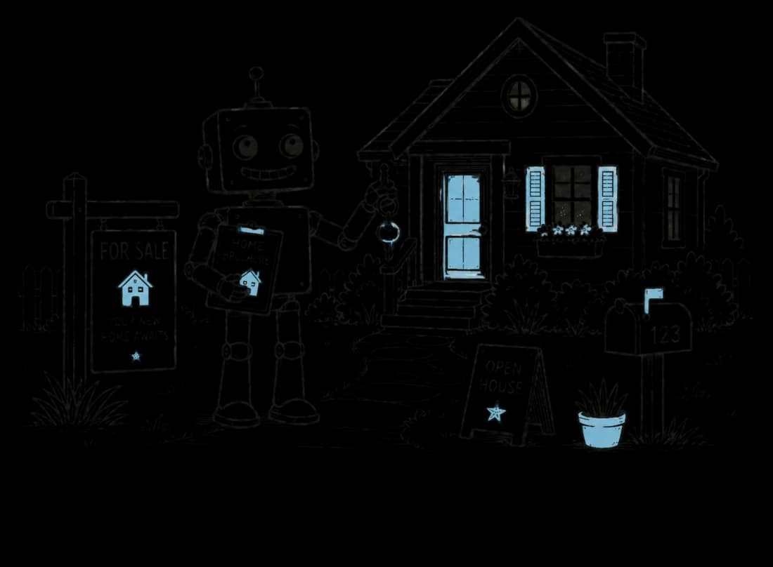 Ink sketch of a robot agent with keys and a home brochure beside a for-sale cottage