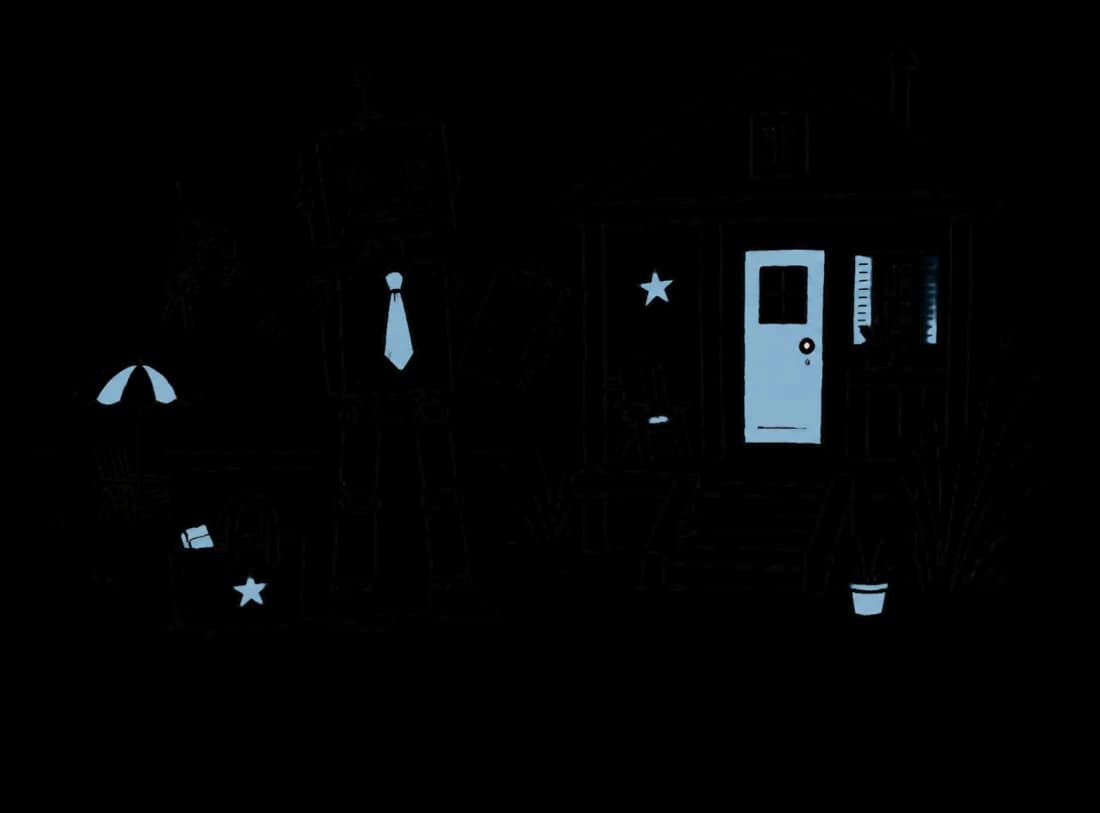 Ink sketch of a robot host with keys and a clipboard in front of a beach cottage